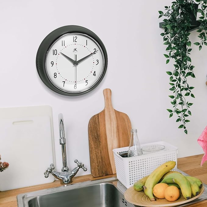 Infinity Instruments LTD. Retro Round Aluminum Wall Clock, Oyster Grey - Image 2