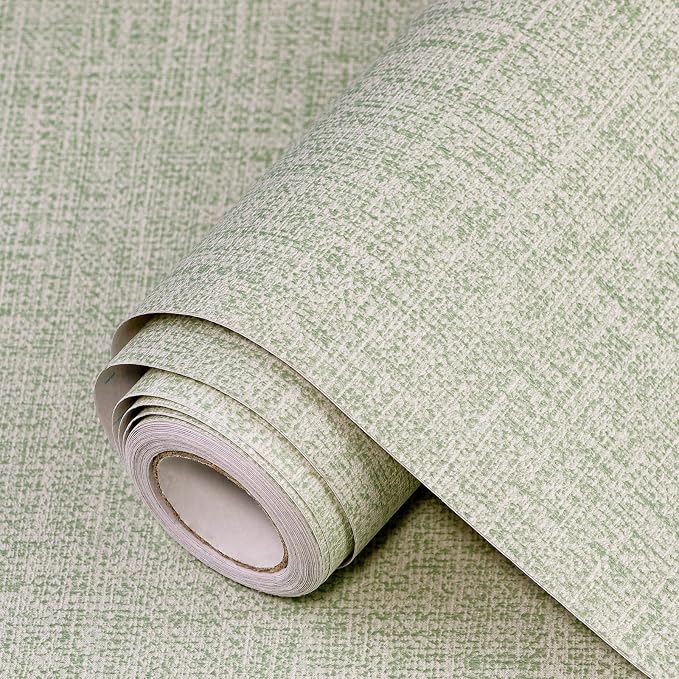 Green Grasscloth Peel and Stick Wallpaper 17.3"x300" Faux Linen Textured by Uooar