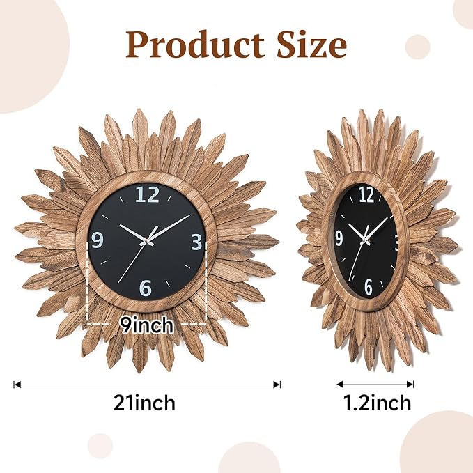 Honiway Large Wall Clock Battery Operated 21 in Rustic Wood Boho Sunburst - Image 2