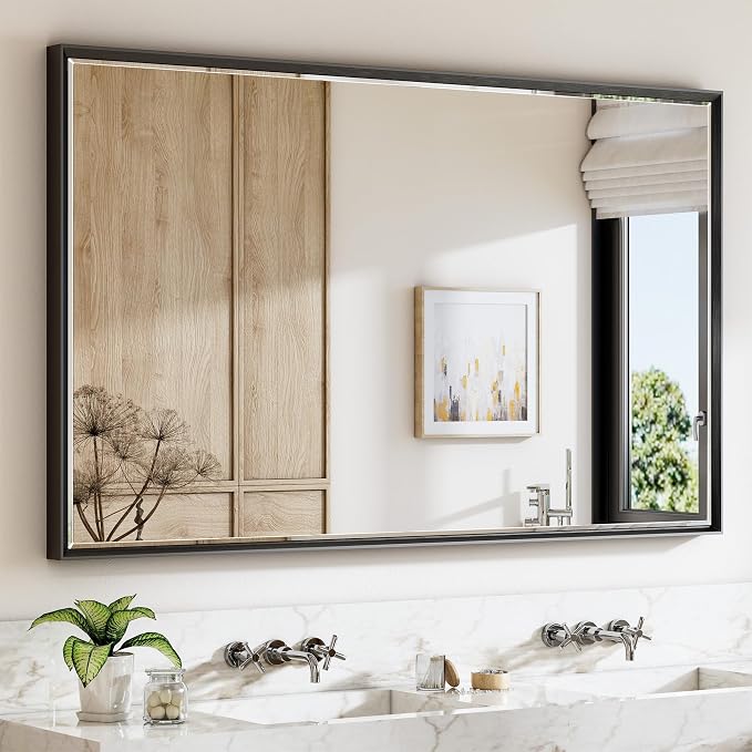 60 x 36 Black Framed Mirror for Bathroom, Beveled Black Bathroom Vanity Mirror by QUEENFUN
