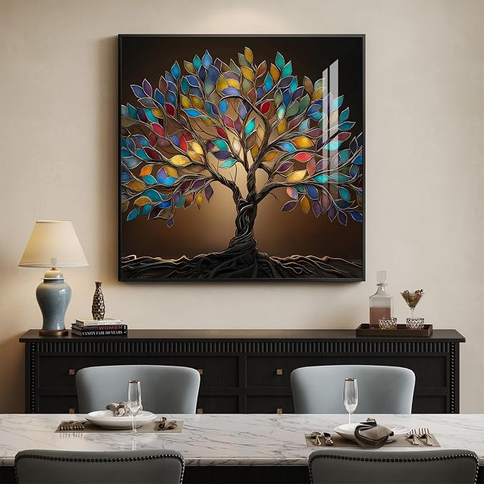 Framed Square Tree of Life Wall Art, Modern Contemporary Tree Painting Prints - Image 4