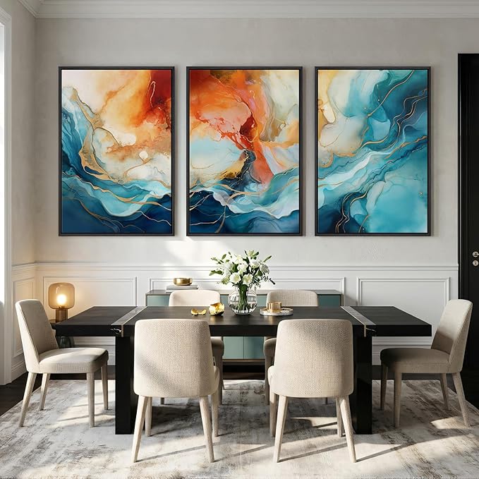 Large Framed Blue and Orange Abstract Wall Art - Image 5