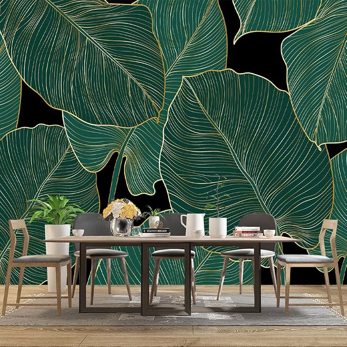 Black and Gold Leaf Mural Bedroom Tropical Green Botanical Wallpaper Room Plant - Image 3