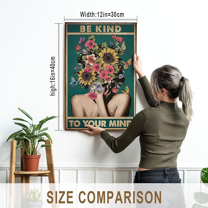 DIHSIEG Floral Canvas Wall Art Be Kind to Your Mind Vintage Poster Rimless - Image 2