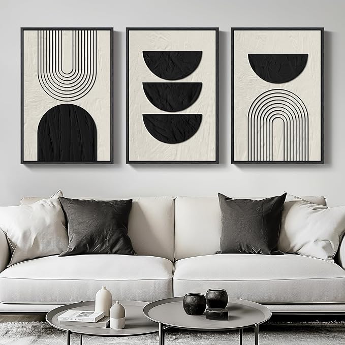 Large Framed Neutral Black and Beige Wall Art, 3 Piece Modern Canvas Prints - Image 2