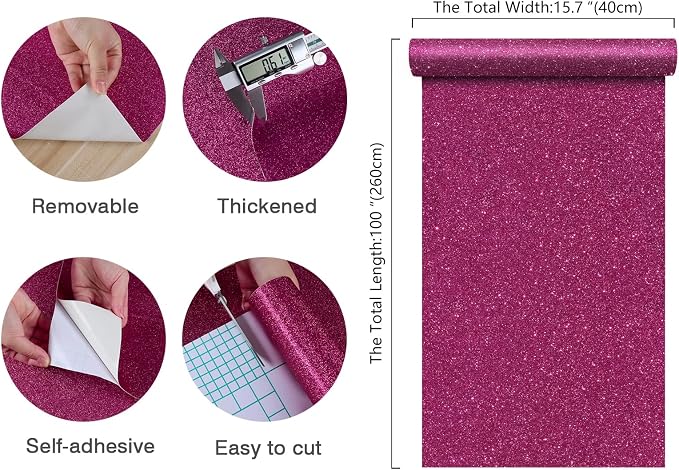 CHIHUT 15.7''x100'' Hot Pink Wallpaper Sparkly Glitter Wallpaper Stick and Peel - Image 2