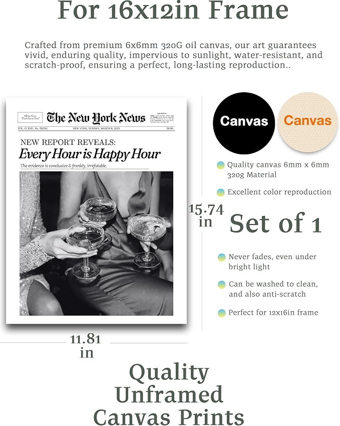 iHery Unframed Trendy NewsPaper Black Wall Art Prints Set of 1, 12x16in Canvas - Image 2