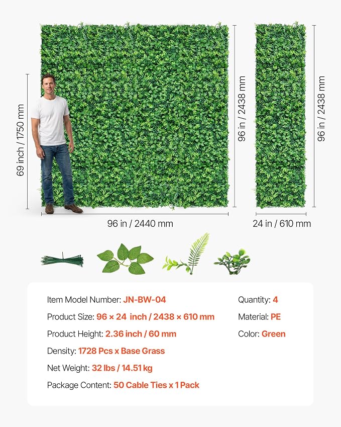 VEVOR Artificial Plant Wall, Each Panel 2 x 8 ft Artificial Boxwood Panels - Image 7