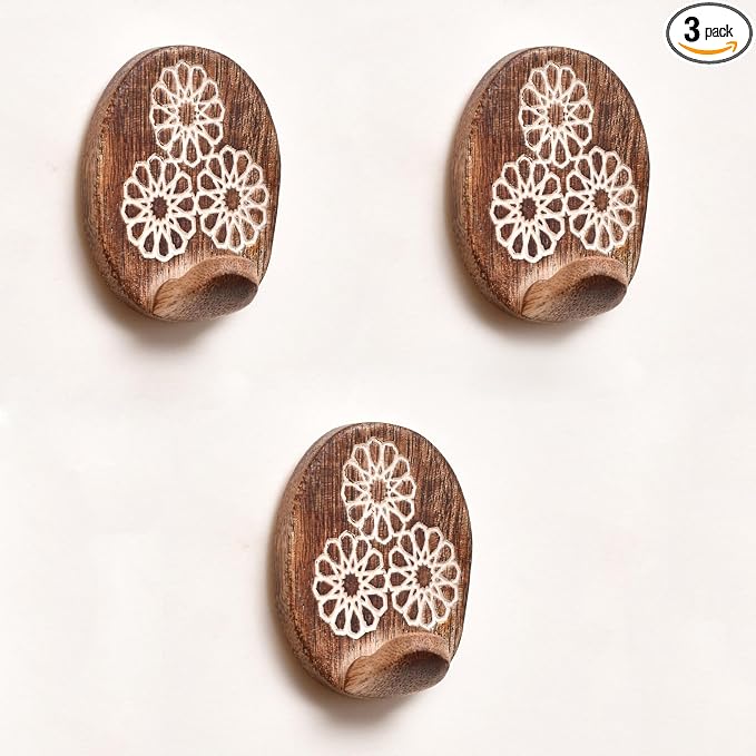 Indian Shelf 6 Lb- 3 Pieces Decorative Wood Adhesive Wall Hooks–Boho Peel and by IndianShelf