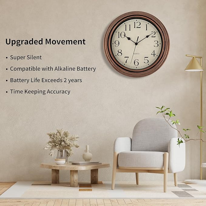 Foxtop Vintage Copper Wall Clock 12 Inch Silent Non Ticking Battery Operated - Image 3
