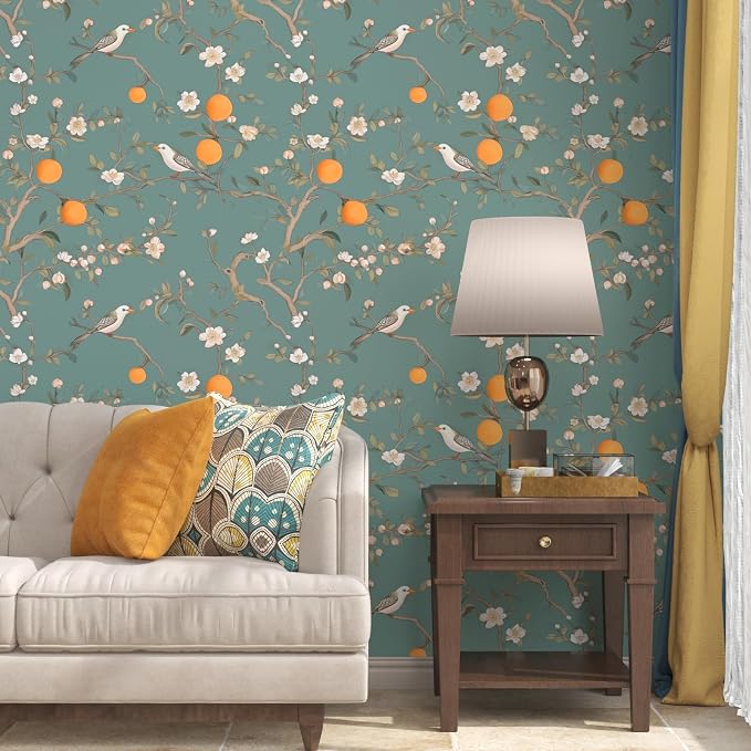 Green Floral Wallpaper Peel and Stick, Birds & Orange Fruits Contact Paper - Image 6