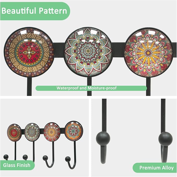Coat Rack Wall Mounted with 4 Hooks, Round Brown Pattern Decorative Wall Hooks - Image 4