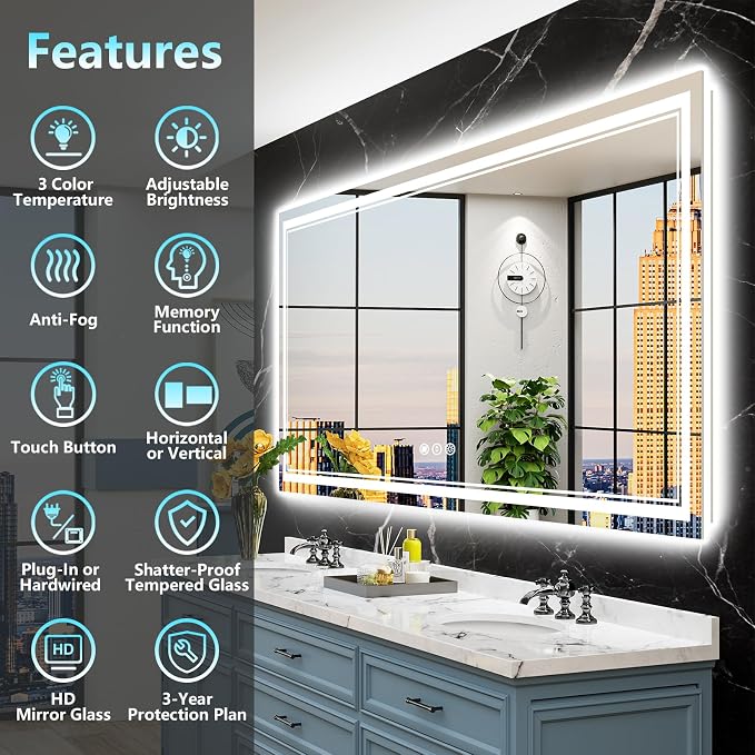 72x40 LED Bathroom Mirror with Lights, Backlit and Front Lit Anti-Fog Lighted - Image 2