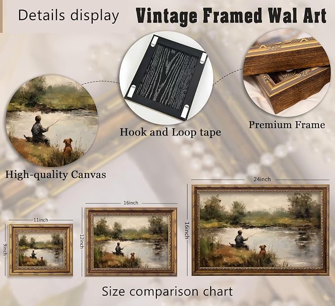Vintage Gold Framed Wall Art Boy Fishing Country Oil Painting Canvas Prints - Image 4