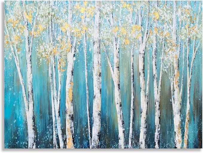 Yihui Arts Birch Tree Canvas Wall Art Hand Painted Teal and White Color Painting - Image 3