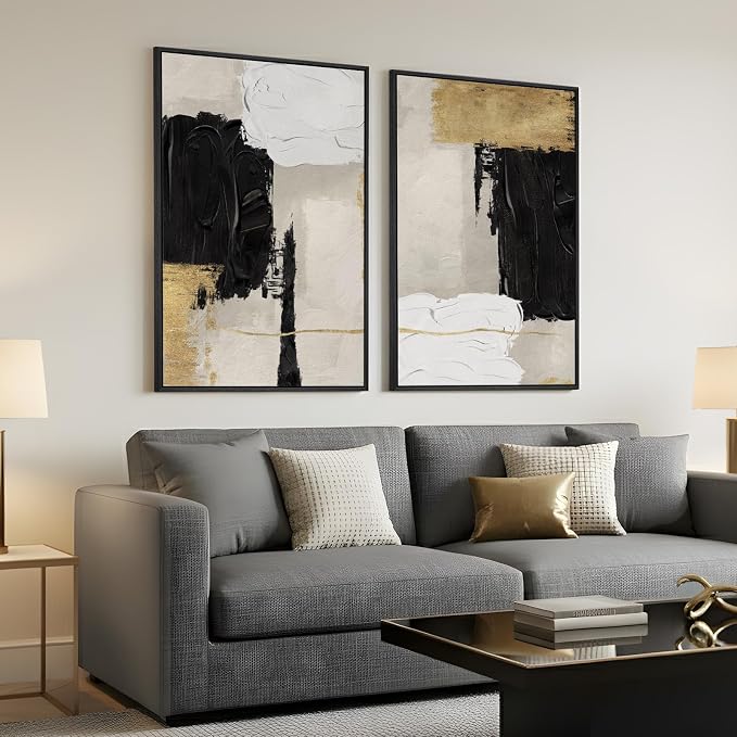 Framed Black White and Gold Abstract Wall Art - Image 2