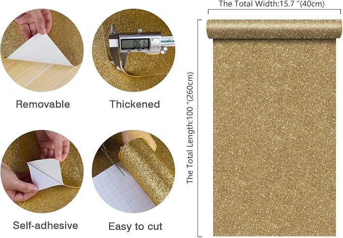 CHIHUT Champagne Gold Glitter Contact Paper Peel and Stick Wallpaper Sparkle - Image 2