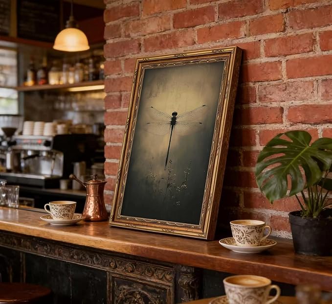 Vintage Gold Framed Wall Art Retro Dark Dragonfly Painting Canvas Prints Gothic - Image 7