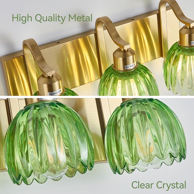 3-Light Vanity Lights with Green Tulip Glass Shade, Vintage Vanity Wall Sconce - Image 6