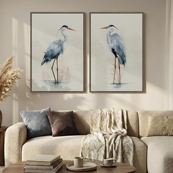 Large Framed Vintage Bird Wall Art, 2 Piece Neutral Blue Heron Canvas Painting - Image 2