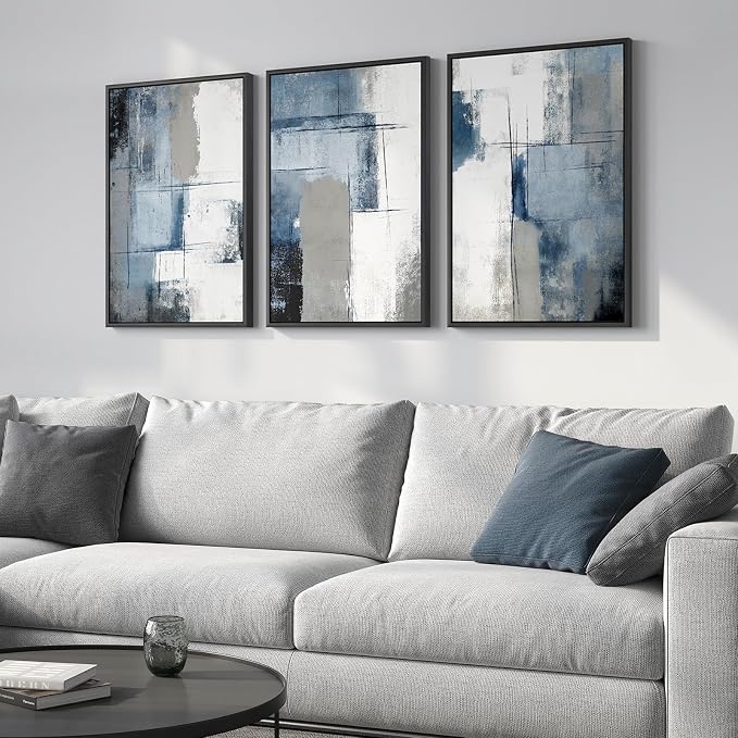 Framed Blue and Grey Abstract Wall Art, 3 Piece Modern Canvas Prints Paintings by Cuspin