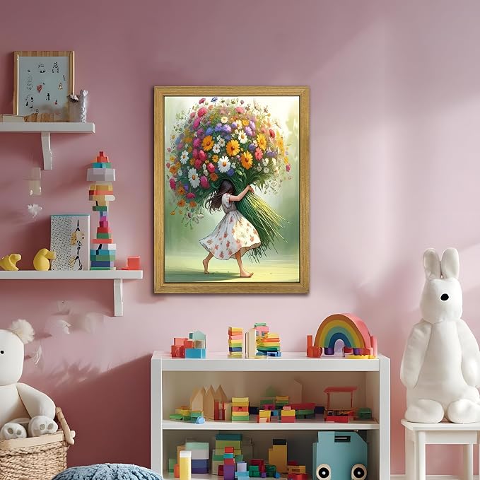 Wood Framed Pink Wildflower Canvas Wall Art, Girl Hugging Flowers Poster Prints - Image 8