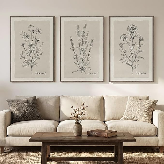 Framed Farmhouse Botanical Canvas Wall Art Set of 3, Large Vintage Neutral by MXART