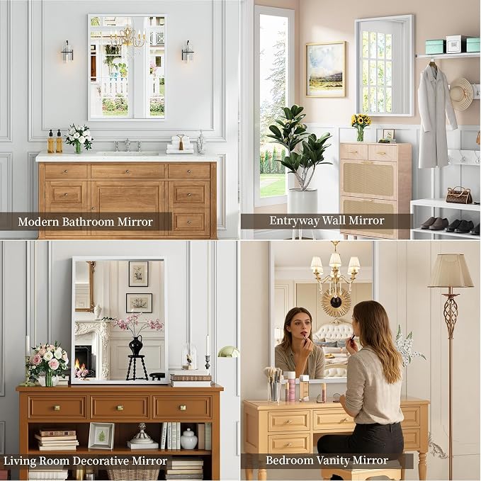 Syndra White Wood Frame Bathroom Mirror, Waterproof Slim Deep Frame, - Image 5