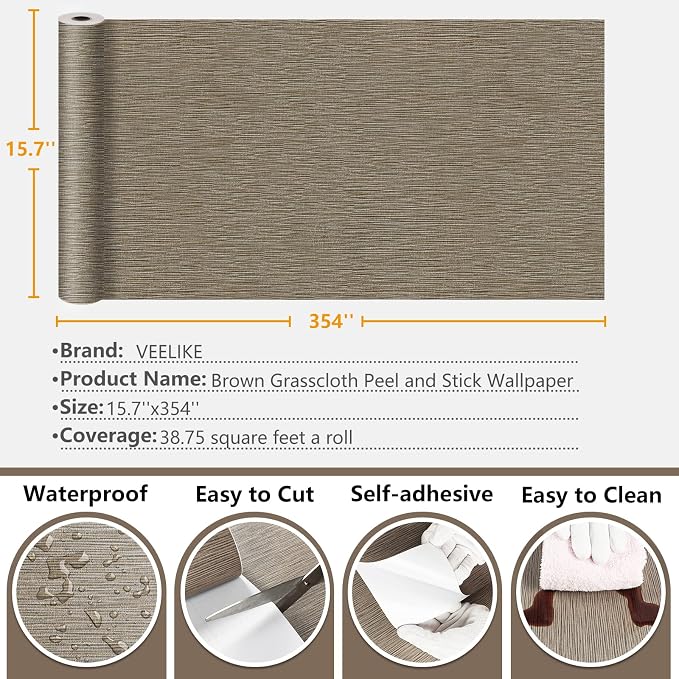 VEELIKE Taupe Grasscloth Peel and Stick Wallpaper Textured Faux Grasscloth - Image 9