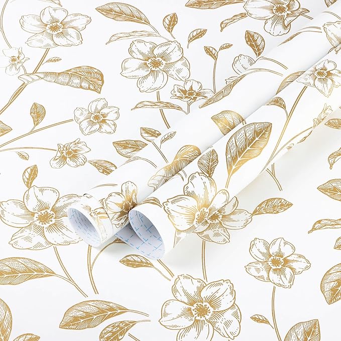Heroad Floral Wallpaper Peel and Stick White and Gold Contact Paper Boho Peel by HeroadBrand