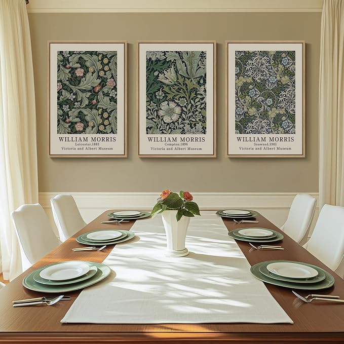 Large Framed William Morris Green Wall Art, 3 Piece Vintage Floral Canvas Prints - Image 3