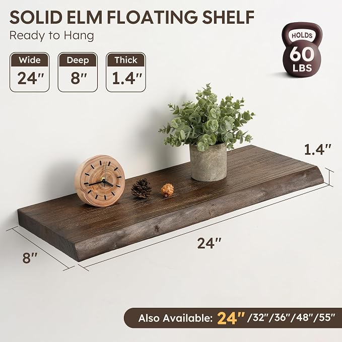 Floating Shelves Set of 2, Solid Elm Wood Wall Shelves 24 Inch - Image 3