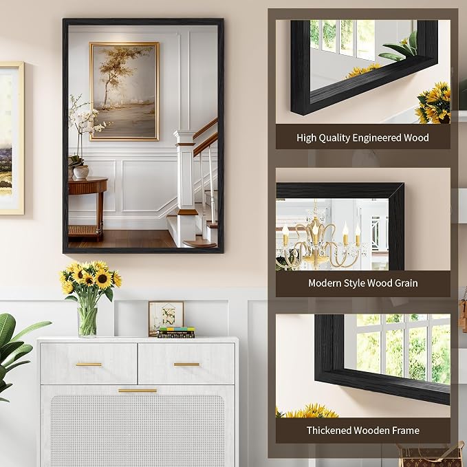 Syndra Black Wood Frame Bathroom Mirror, Waterproof Slim Deep Frame, - Image 3