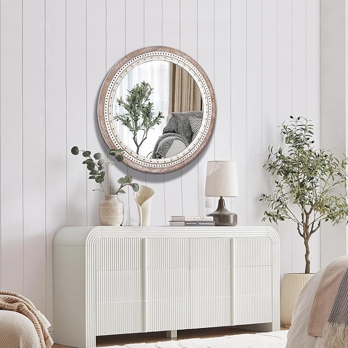 Reflinto 30 Inch Rustic Farmhouse Round Wood Mirror Wall Decor, Boho Circle - Image 7