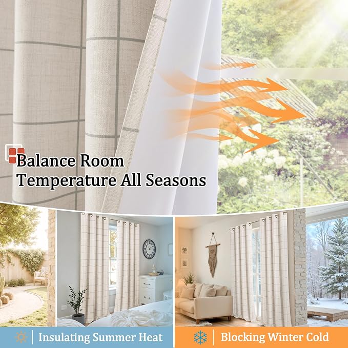 Lajode Grey Plaid Linen Blackout Curtains - Image 7