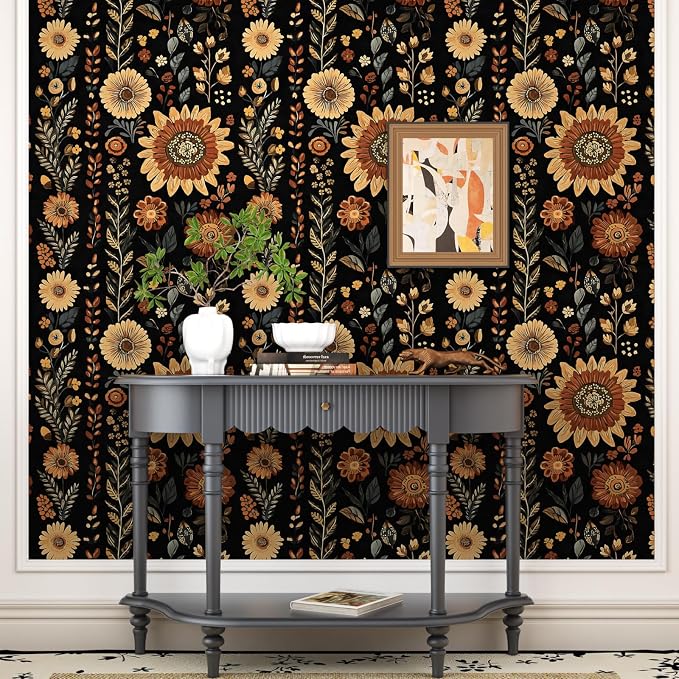 Boho Dark Floral Peel and Stick Wallpaper, Vintage Black Brown Flower Pattern - Image 7