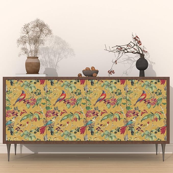 Vintage Floral Bird Wallpaper Peel and Stick, Boho Yellow Contact Paper - Image 2
