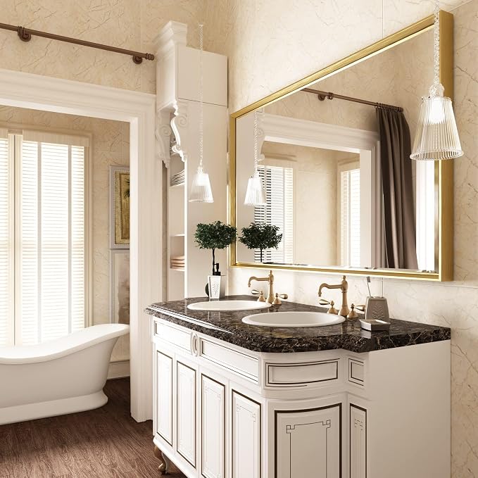 48 x 30 Gold Bathroom Mirror, Brushed Gold Beveled Bathroom Mirror, - Image 6