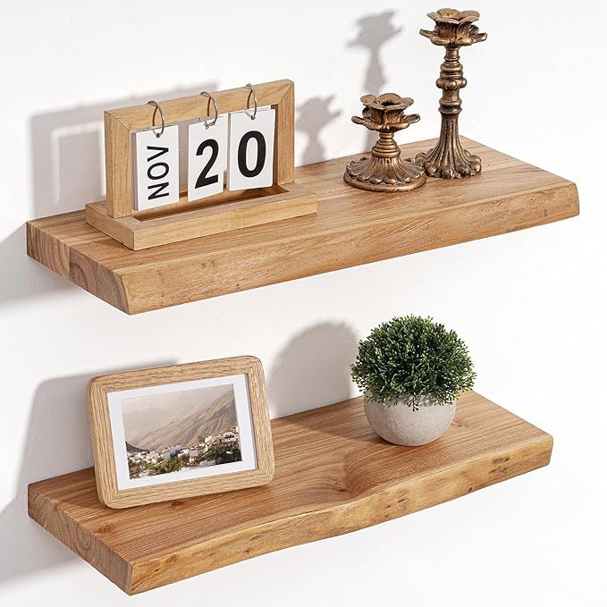 Floating Shelves for Wall Decor, Rustic Solid Elm Wood Live Edge Floating by FLYJOE