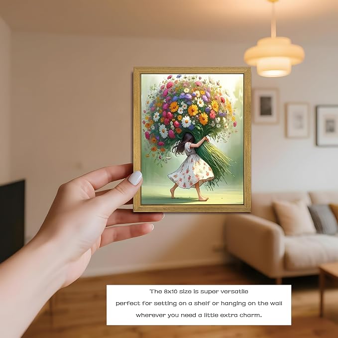 Wood Framed Pink Wildflower Canvas Wall Art, Girl Hugging Flowers Poster Prints - Image 3