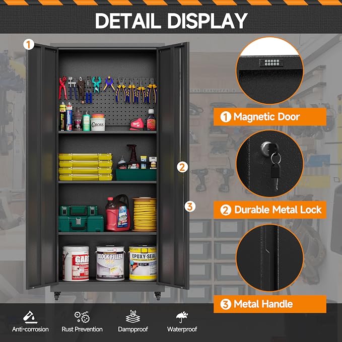 Garage Storage Cabinet with Wheels, Metal Storage Cabinet with 2 Doors and - Image 7