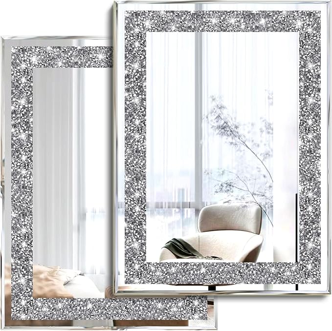 2 Piece Wall Mirrors, Crush Diamond Wall Décor Silver Decorative Mirrors by XIHACTY