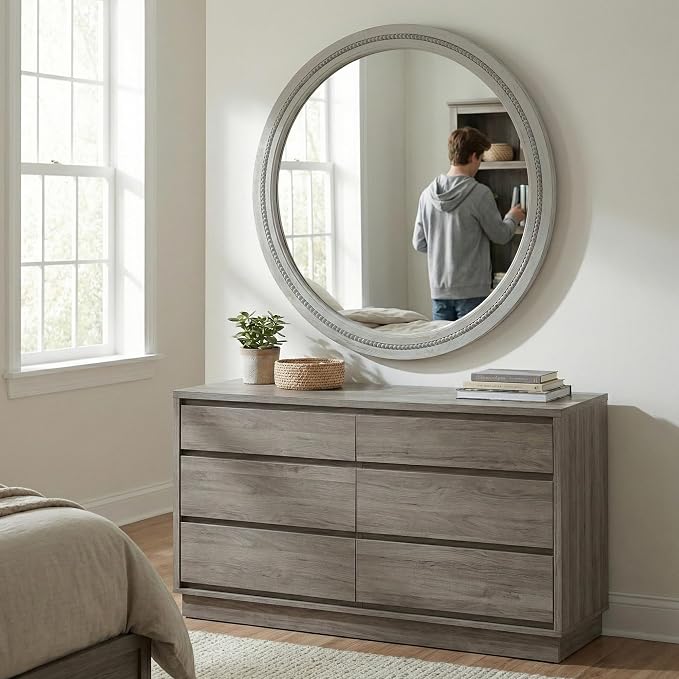 30 Inch Round Farmhouse Mirror for Bathroom Vanity, Distressed Grey Solid Wood - Image 6