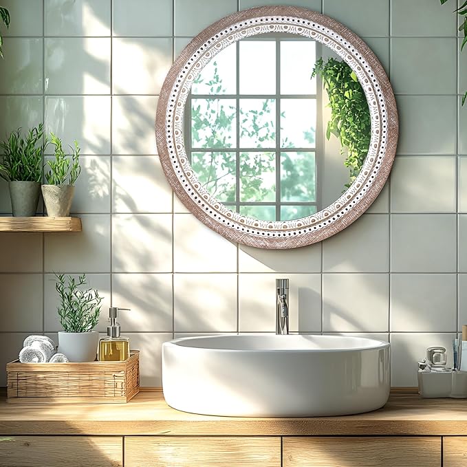 Reflinto 24 Inch Boho Wooden Round Mirror - Image 2
