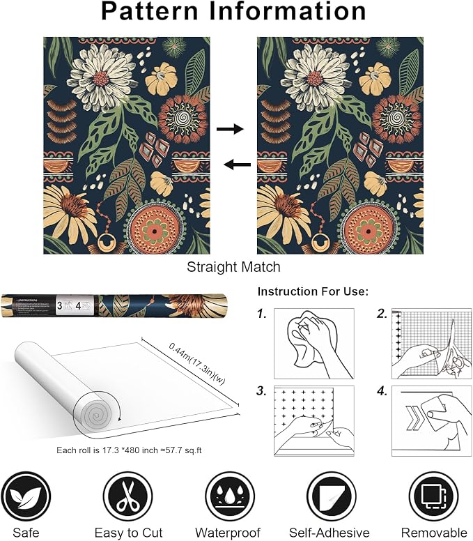 Simon&Siff Boho Peel and Stick Wallpaper, 17.3" x 480" Blue Sun Floral Retro - Image 7