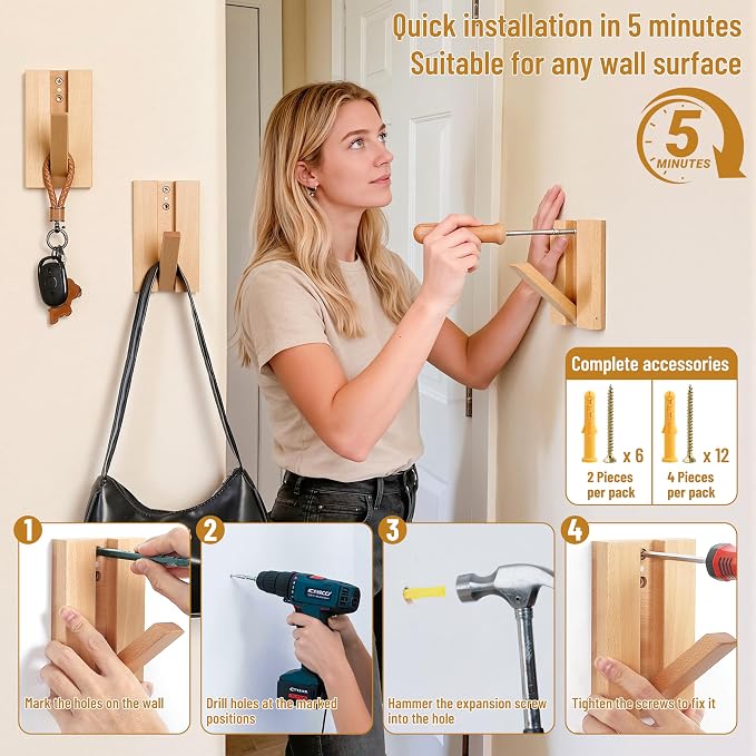 Wall Hooks for Small Space: Foldable Natural Wooden Coat Hooks 4Pack for - Image 6