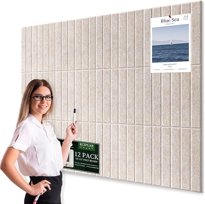 Large Cork Bulletin Board for Wall 48"x36", 12 Pack Felt Slat Wall Panel Tiles by Kciplab