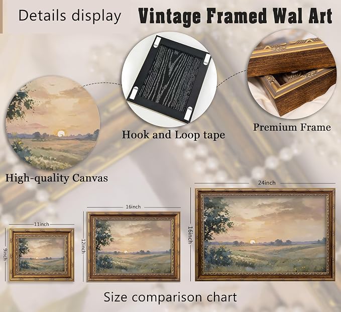Vintage Gold Framed Wall Art Retro Fall Sunset Country Oil Painting Canvas - Image 5