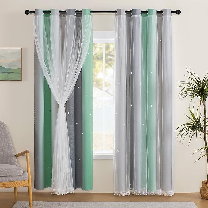 XiDi Curtains for Bedroom Decor, Rainbow Green LightgreyGrey52/90/1 by Addsomecolortolife