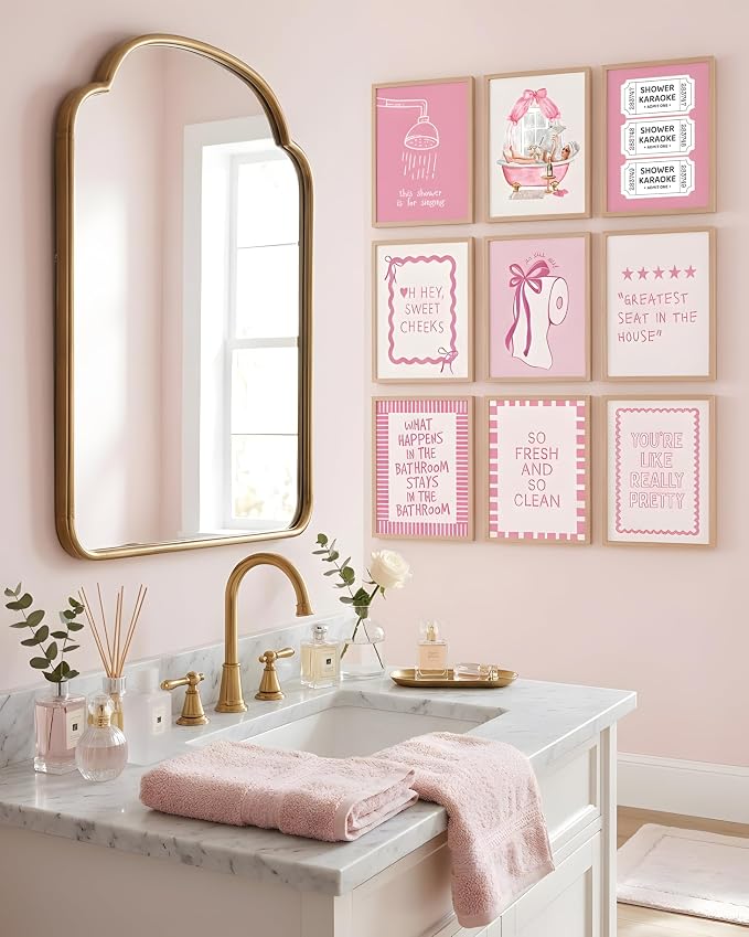 tgguytiy 9Pcs Pink Bow Bathroom Wall Art Prints, Coquette Bowknot Aesthetic - Image 5
